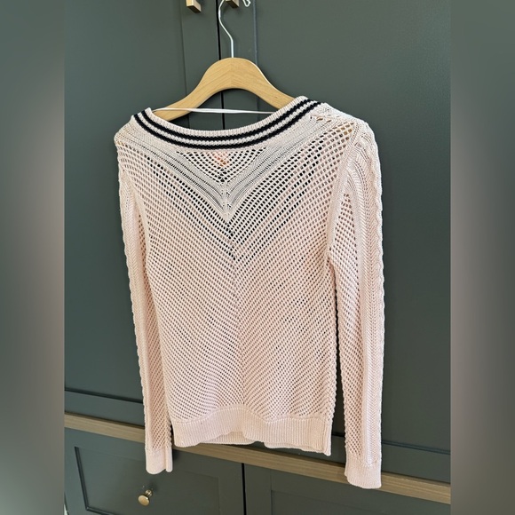 Tory Burch Pink Crochet Cotton Light Sweater with Navy V Varsity Trim • S • - Picture 3 of 5